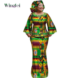 Ankara Print Long Sleeve Top & Skirt Set with Headwrap W250170