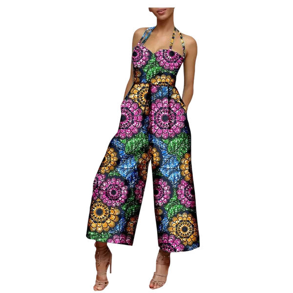African Print Sleeveless Halter Wide Leg Cotton Jumpsuit W250197