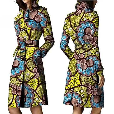 African Ankara Batik Print Cotton Trench Coat for Women W250211