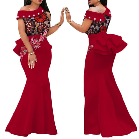 Elegant African Print Pearl Draped Long Dress for Women W250220