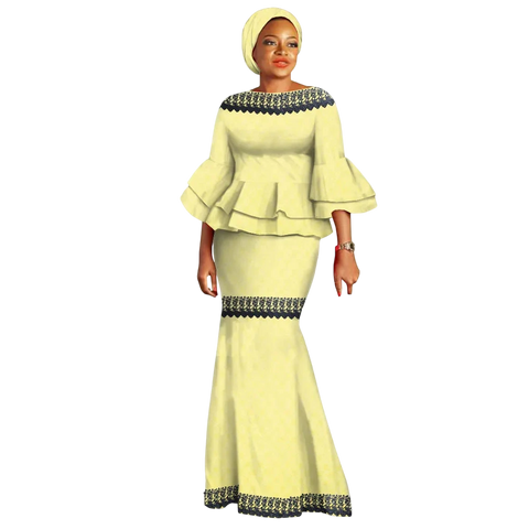 Elegant African Two-Piece Skirt Set with Flare Lace Sleeves W250113
