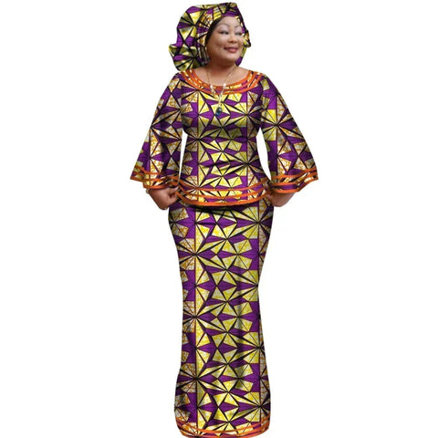 Ankara Print Long Sleeve Top & Skirt Set with Headwrap W250170