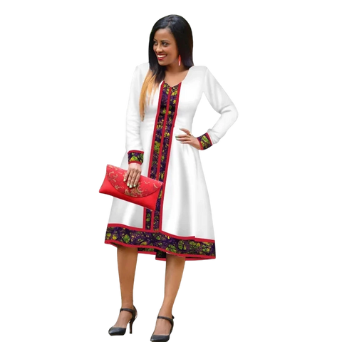 Elegant Ethiopian Print Maxi Dress – African Long Sleeve Robe W250185
