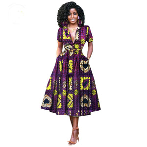 V-Neck High Waist Ankara Print Cotton Dress with Short Sleeves W250127
