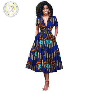 V-Neck High Waist Ankara Print Cotton Dress with Short Sleeves W250127