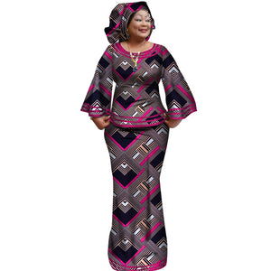 Ankara Print Long Sleeve Top & Skirt Set with Headwrap W250170