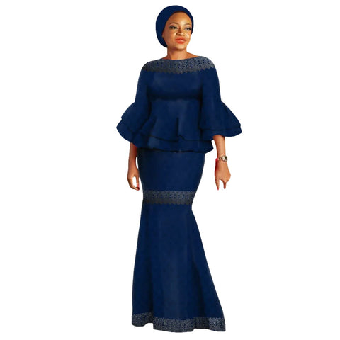 Elegant African Two-Piece Skirt Set with Flare Lace Sleeves W250113