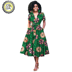 V-Neck High Waist Ankara Print Cotton Dress with Short Sleeves W250127
