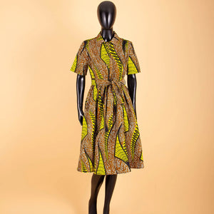 V-Neck High Waist Ankara Print Cotton Dress with Short Sleeves W250127