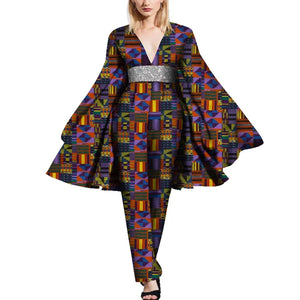 African Cape Sleeve Romper – Deep V-Neck Bazin Riche Jumpsuit W250189