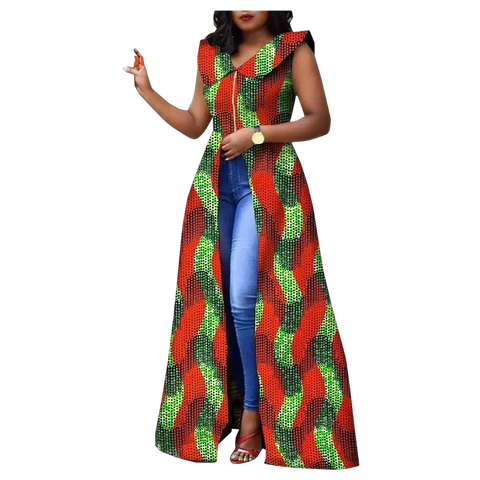 Vibrant Ankara Print Maxi Dress – Sleeveless African Cotton Gown W250202