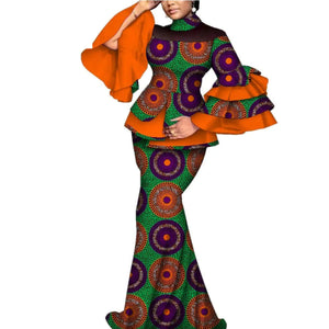 Elegant African Flare Sleeve Top & Maxi Skirt Set for Women W250125