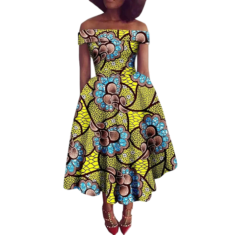 Vibrant Ankara Off-Shoulder Mid-Calf Dress for Women W250200