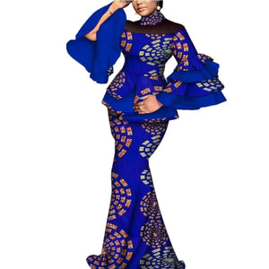 Elegant African Flare Sleeve Top & Maxi Skirt Set for Women W250125