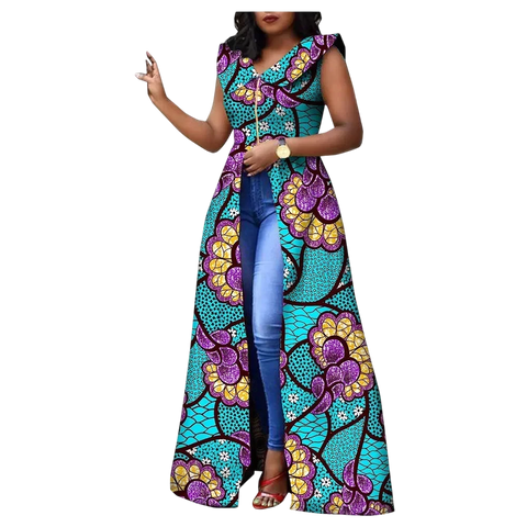 Vibrant Ankara Print Maxi Dress – Sleeveless African Cotton Gown W250202