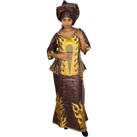Embroidered Bazin Riche African Dress with Matching Scarf W250145
