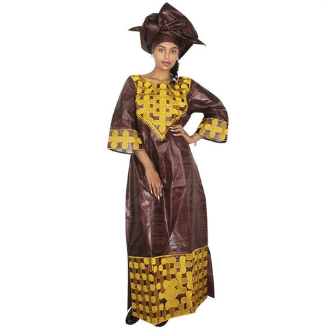 Elegant African Bazin Riche Embroidered Dashiki Maxi Dress W250148