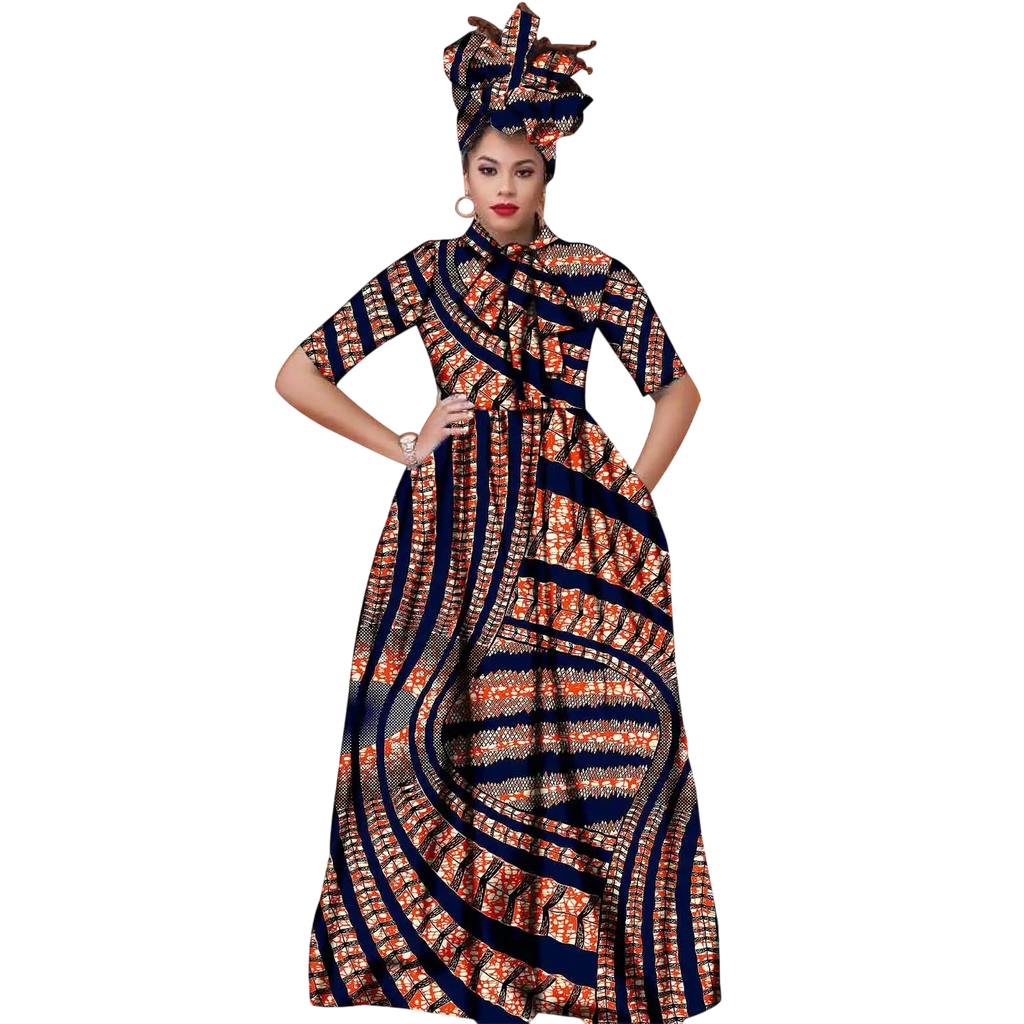 Vibrant Ankara Maxi Dress with Headwrap – African Elegance W250210 – Afrinspiration