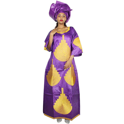 Elegant African Embroidered Bazin Maxi Dress for Women W250159