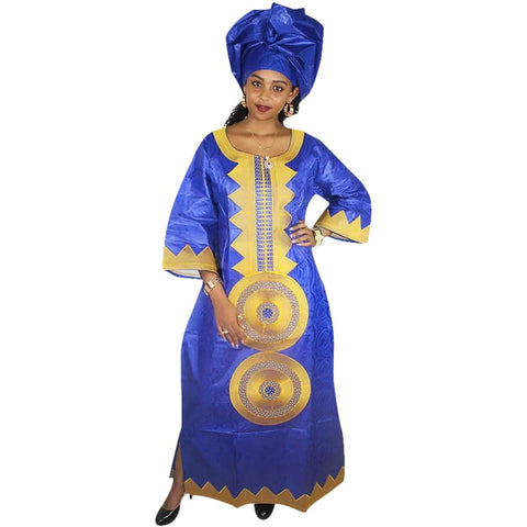 Elegant African Embroidery Long Dress with Matching Scarf W250158