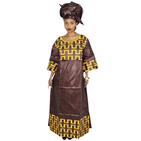 Elegant African Bazin Embroidered Dress with Matching Scarf W250157