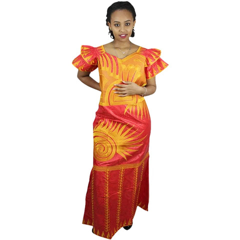 Elegant African Embroidered Bazin Dress with Matching Scarf W250147