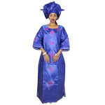 Elegant African Embroidered Bazin Dress & Matching Scarf Set W250146