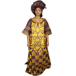 Elegant African Bazin Riche Embroidered Long Dress with Scarf W250141