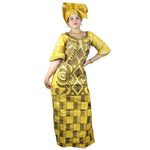Elegant African Bazin Riche Embroidered Long Dress with Scarf W250141