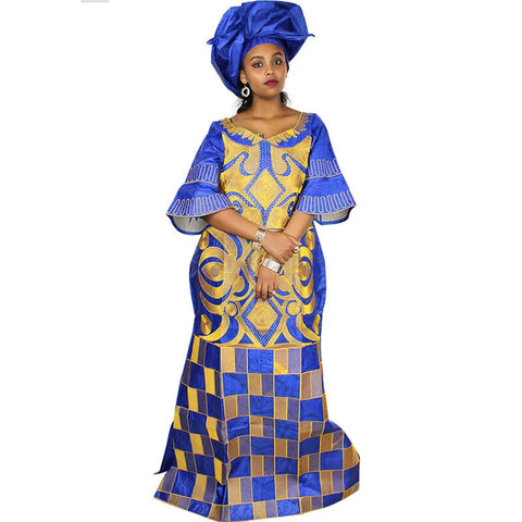 Elegant African Bazin Riche Embroidered Long Dress with Scarf W250141