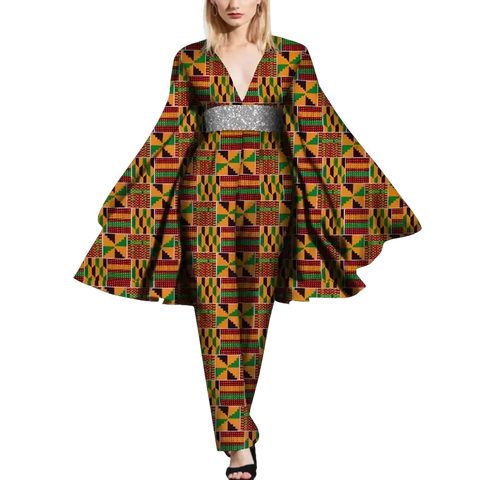 African Cape Sleeve Romper – Deep V-Neck Bazin Riche Jumpsuit W250189
