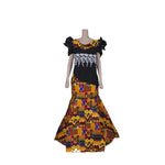 African Print Long Dress with White Pearl Lace & Floral Detailing W250229