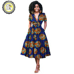 V-Neck High Waist Ankara Print Cotton Dress with Short Sleeves W250127