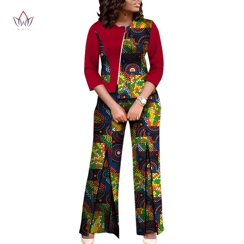 African Print Wide Leg Suit Set – Dashiki Top & Pants for Women W250194