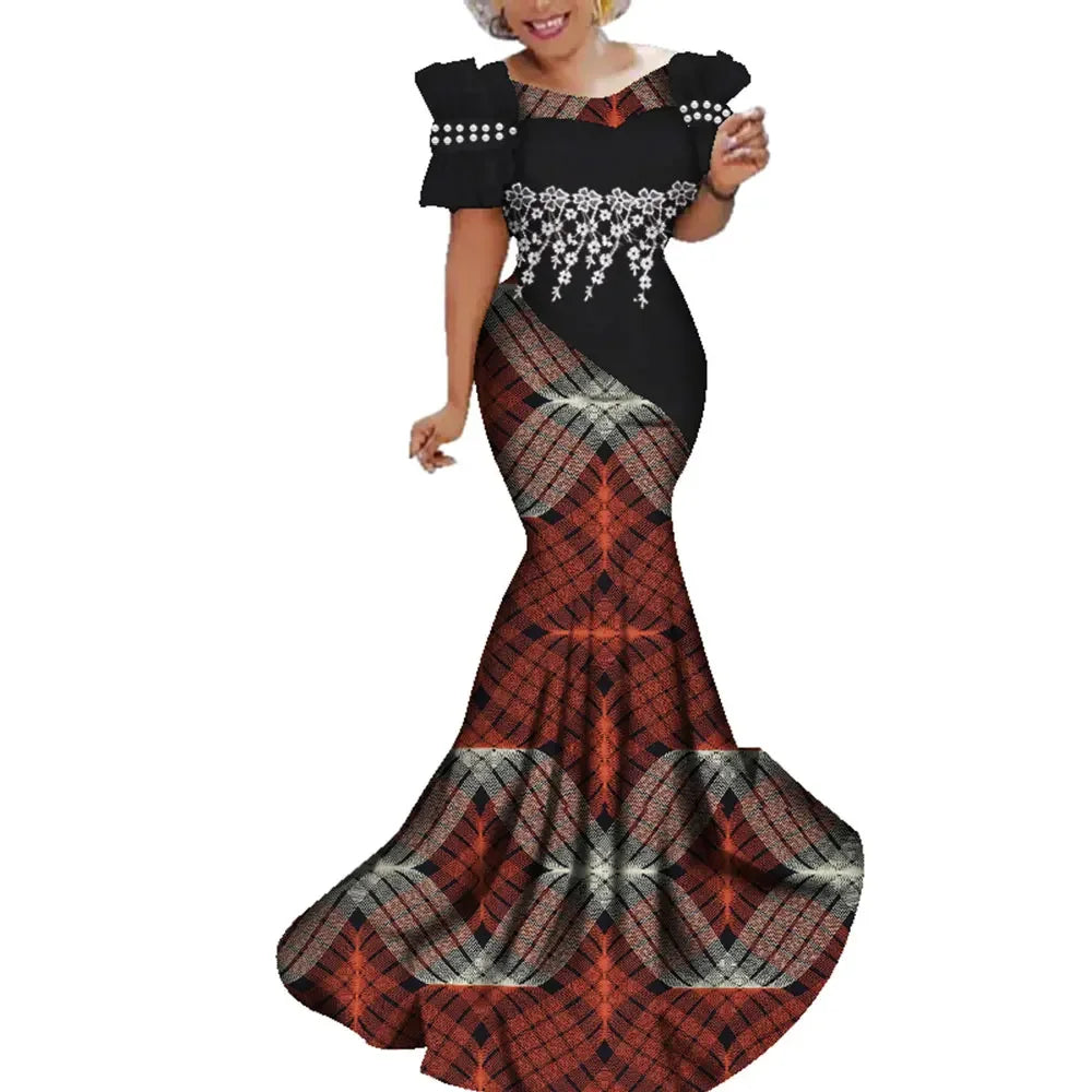 African Print Long Dress with White Pearl Lace & Floral Detailing W250 Afrinspiration African Print Long Dress with White Pearl Lace & Floral Detailing W250 Afrinspiration