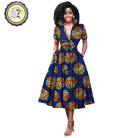 V-Neck High Waist Ankara Print Cotton Dress with Short Sleeves W250127