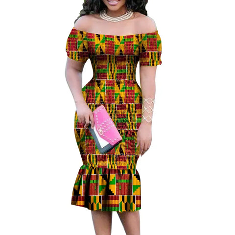 Elegant Dashiki Off-Shoulder Maxi Dress with Ruffle & Pearl Detail W250205