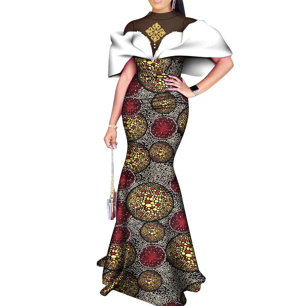 Elegant African Wax Print Evening Dress with Pearls & Appliqué W250231 – Afrinspiration Elegant African Wax Print Evening Dress with Pearls & Appliqué W250231 – Afrinspiration
