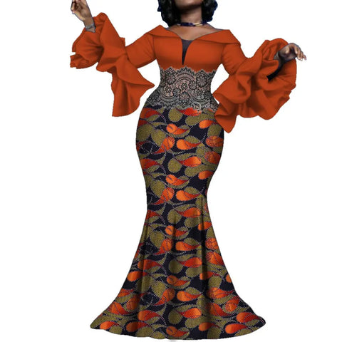 Elegant Ankara Maxi Dress with Black Lace Detail W250166