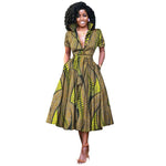 V-Neck High Waist Ankara Print Cotton Dress with Short Sleeves W250127
