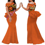 Elegant African Print Pearl Draped Long Dress for Women W250220