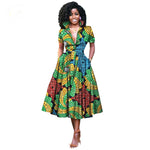 V-Neck High Waist Ankara Print Cotton Dress with Short Sleeves W250127