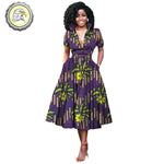 V-Neck High Waist Ankara Print Cotton Dress with Short Sleeves W250127