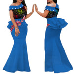 Elegant African Print Pearl Draped Long Dress for Women W250220