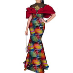 Elegant African Wax Print Evening Dress with Pearls & Appliqué W250231