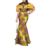 Elegant African Wax Print Evening Dress with Pearls & Appliqué W250231