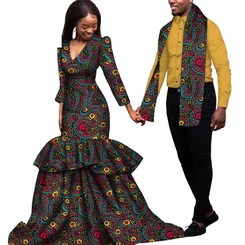 Elegant African Dashiki Print Couple Set – Dress & Shirt with Scarf C250181