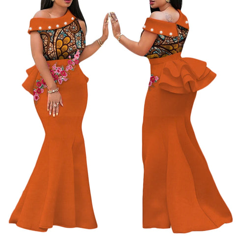Elegant African Print Pearl Draped Long Dress for Women W250220