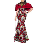 Elegant African Wax Print Evening Dress with Pearls & Appliqué W250231