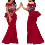 Elegant African Print Pearl Draped Long Dress for Women W250220